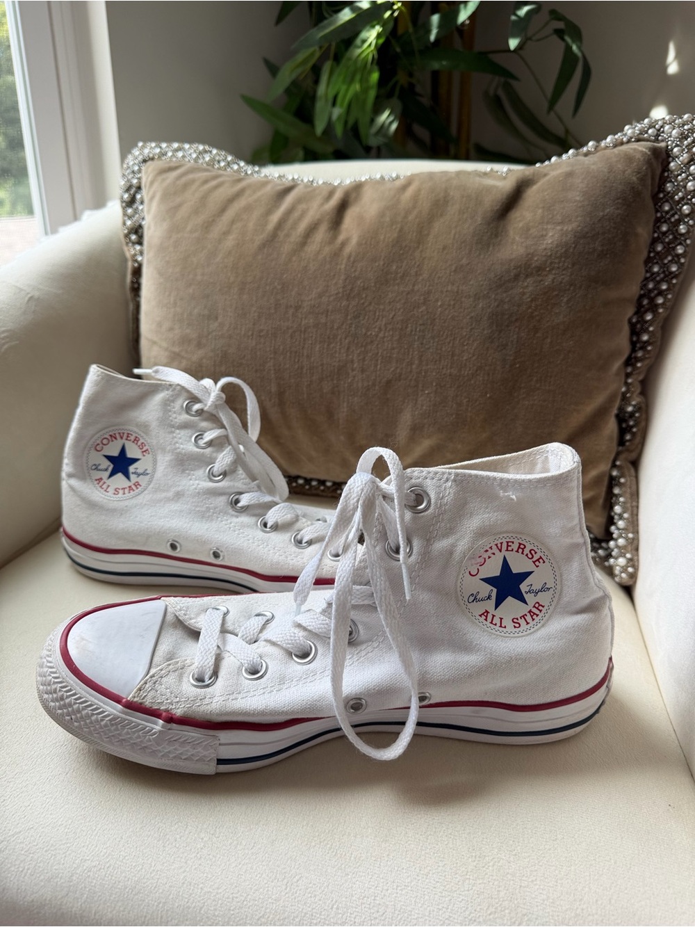 Converse White High-Top All Star Sneakers with Red & Blue Trim